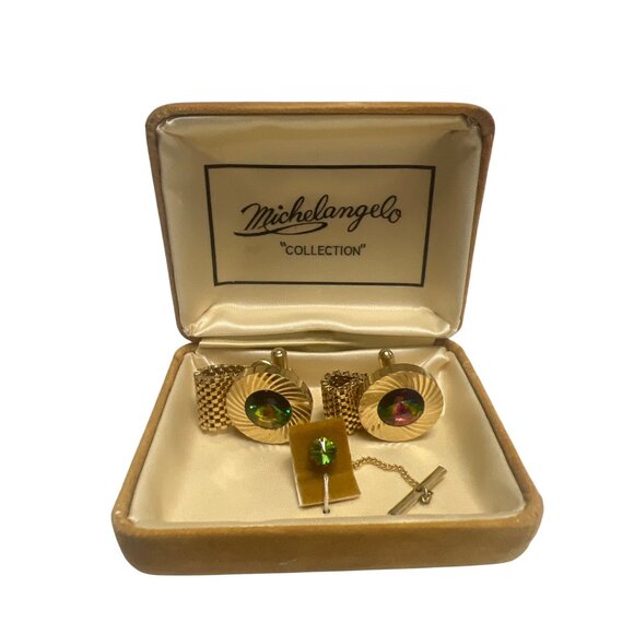 Michaelangelo Vintage 60's Aurora Borealis & Gold Tone Mesh Chain Cufflinks and - Picture 1 of 5